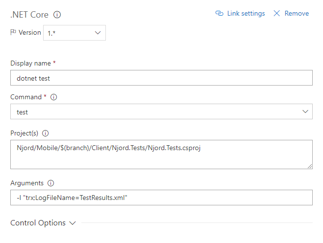 .NET Core task with test command and arguments.