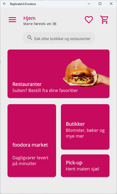 Screenshot of the replicated Foodora app UI.